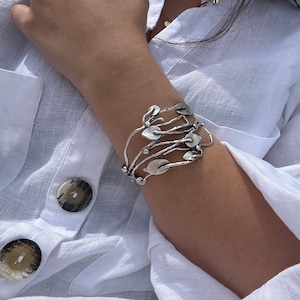 Bladzilveren armband met natuurlijk patroon, antieke bladmanchetarmband, boho-sieraden, op de natuur geïnspireerde bladarmband, armband feuille
