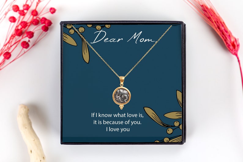 Mother's Day Gift from Daughter for Mother, Goddess Athena Coin Necklace, Personalized Gift Card for Mom, Mother's Day, Birthday Gift image 1