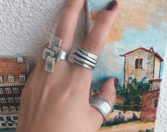 Antique Dome Ring, Multi band ring, Geometric ring, Wide ring, Silver chunky ring, Hammered Boho jewelry, Knuckle ring, Adjustable Ring