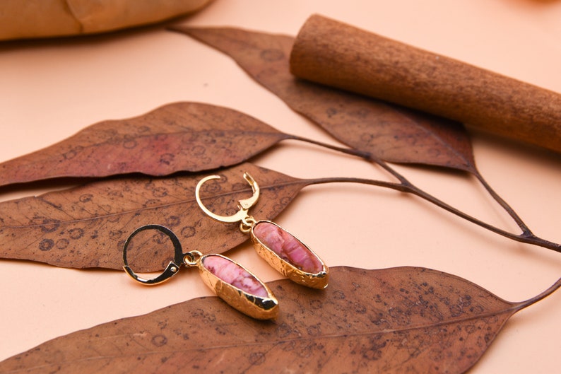 Pink Tourmaline Jewelry Set, Tourmaline Necklace, Tourmaline Earrings, Minimalist Gold Jewelry Set, Raw Gemstone Pendant, October Birthstone image 2