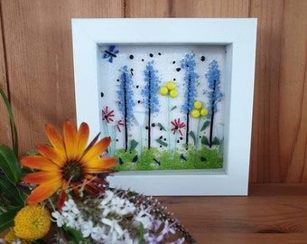 Pretty glass flower picture, delphiniums and and daisy flowers fused glass wall art