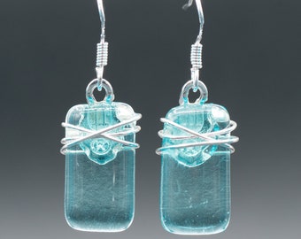 Recycled Bombay Sapphire gin bottle glass drop earrings, recycled blue glass earrings, fused glass earrings