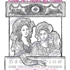 May include: Black and white printable coloring page featuring three women in period clothing. The image includes text that reads "Printable Colouring Page" and "Instant Download Letter Sized: 8.5" by 11" or 21.59 x 27.94 cm."