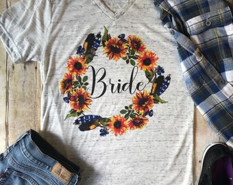 Bride Shirt for Sunflower Wedding, Sunflower theme Bachelorette Party ideas, Fall Wedding ideas, Fall Bridal Shower Shirts