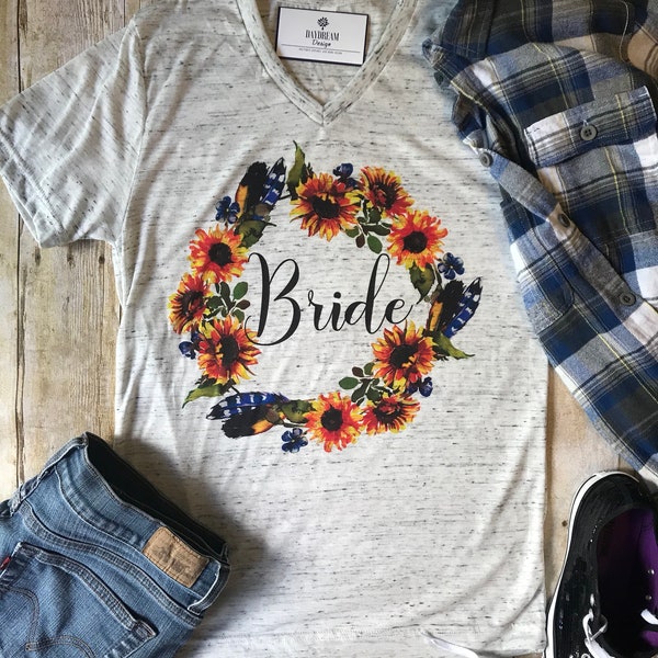 Bride Shirt for Sunflower Wedding, Sunflower theme Bachelorette Party ideas, Fall Wedding ideas, Fall Bridal Shower Shirts