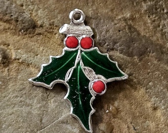 Vintage Sterling Silver Holly Leaf Charm | Green Enamel Leaves, Red Berries, Christmas Jewelry