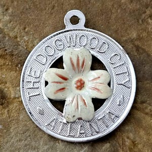 Vintage Atlanta Charm - Sterling Silver with an Enamel Dogwood - Feature the words &#39;Atlanta - The Dogwood City&#39; - Awesome Atlanta Souvenir