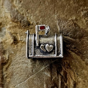 Vintage Sterling Silver Mailbox Charm - Moveable Flag, Red Enamel