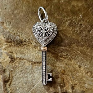Skeleton Key with Heart Charm - Vintage, Sterling Silver Charm - Anniversary Gift, Realtor Gift, New Home Gift