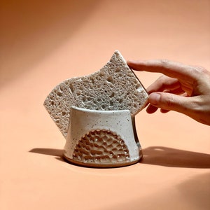 Ceramic Moon Motif Sponge Holder. White + Natural Clay Speckled Hand Carved Handmade Pottery. Kitchen Organization Accessory.