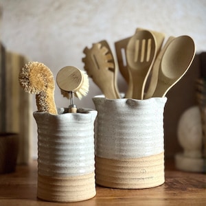 Set of Two White Stoneware Utensil Crocks | Handmade Pottery Kitchen Organization | Utensil Holder For French Cottagecore Kitchen Decor.