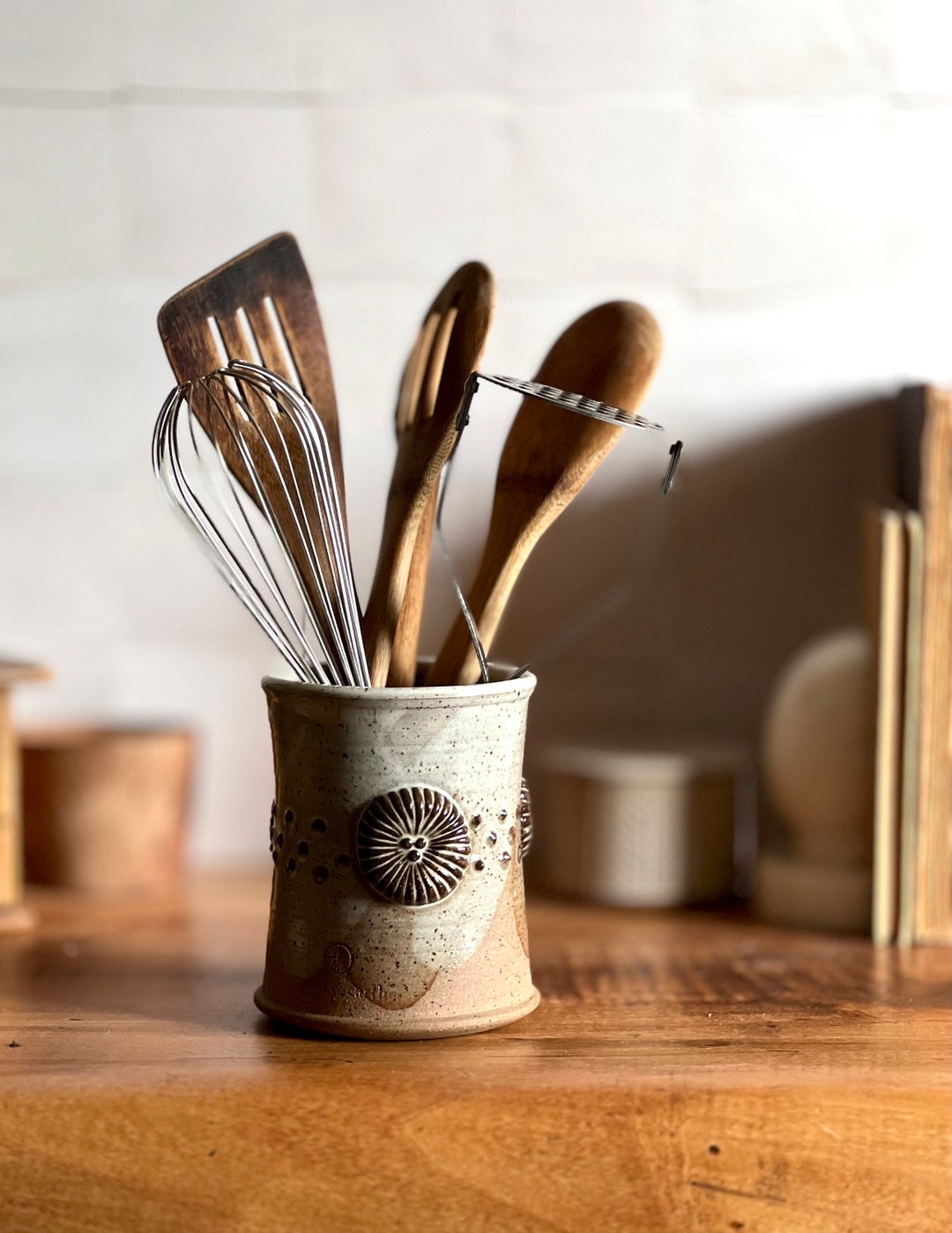 Stoneware Utensil Holder. Handmade Pottery Utensil Crock. Kitchen
