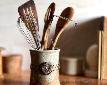Stoneware Utensil Holder. Handmade Pottery Utensil Crock. Kitchen Organizer Essentials.