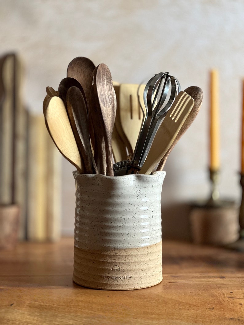 Large Utensil Holder. Handmade Stoneware Pottery Utensil Crock. Kitchen Counter Decor, Countertop Organizer.