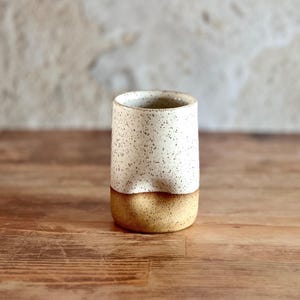 16 oz Ceramic White + Beige Thumb Cup Coffee Mug Tumbler | Warm Neutral Modern Rustic Handmade Pottery | Unique Gift For Coffee Lover