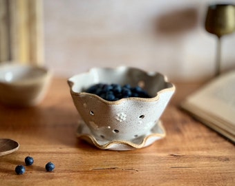 White Ceramic Berry Bowl with Saucer | Handmade Pottery Kitchen Decor | For Cottagecore Housewarming New Home Gift