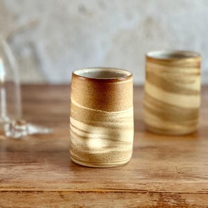 16 oz Ceramic Marbled Beige + White 16 Thumb Cup Coffee Mug | Neutral Modern Handmade Pottery | Unique Gift For Coffee Lover