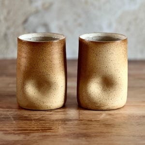 16 oz Ceramic Beige Thumb Cup Coffee Mug Tumbler | Warm Neutral Modern Rustic Handmade Pottery | Unique Gift For Coffee Lover