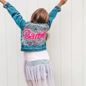Modedocka Strass & Chenille Patch Återvunnen Jeansjacka Rosa Silver Lila Barnstorlekar