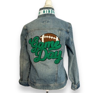 Custom Upcycled Denim Jacket: Game Day Edition - Green & White Sports Chenille Patch Hand Painted Add Rhinestones or Name