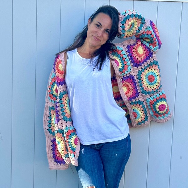Mandala Granny Square Pastel Colored Crochet Cardigan Fall Winter Cropped Cardi Ready To Ship