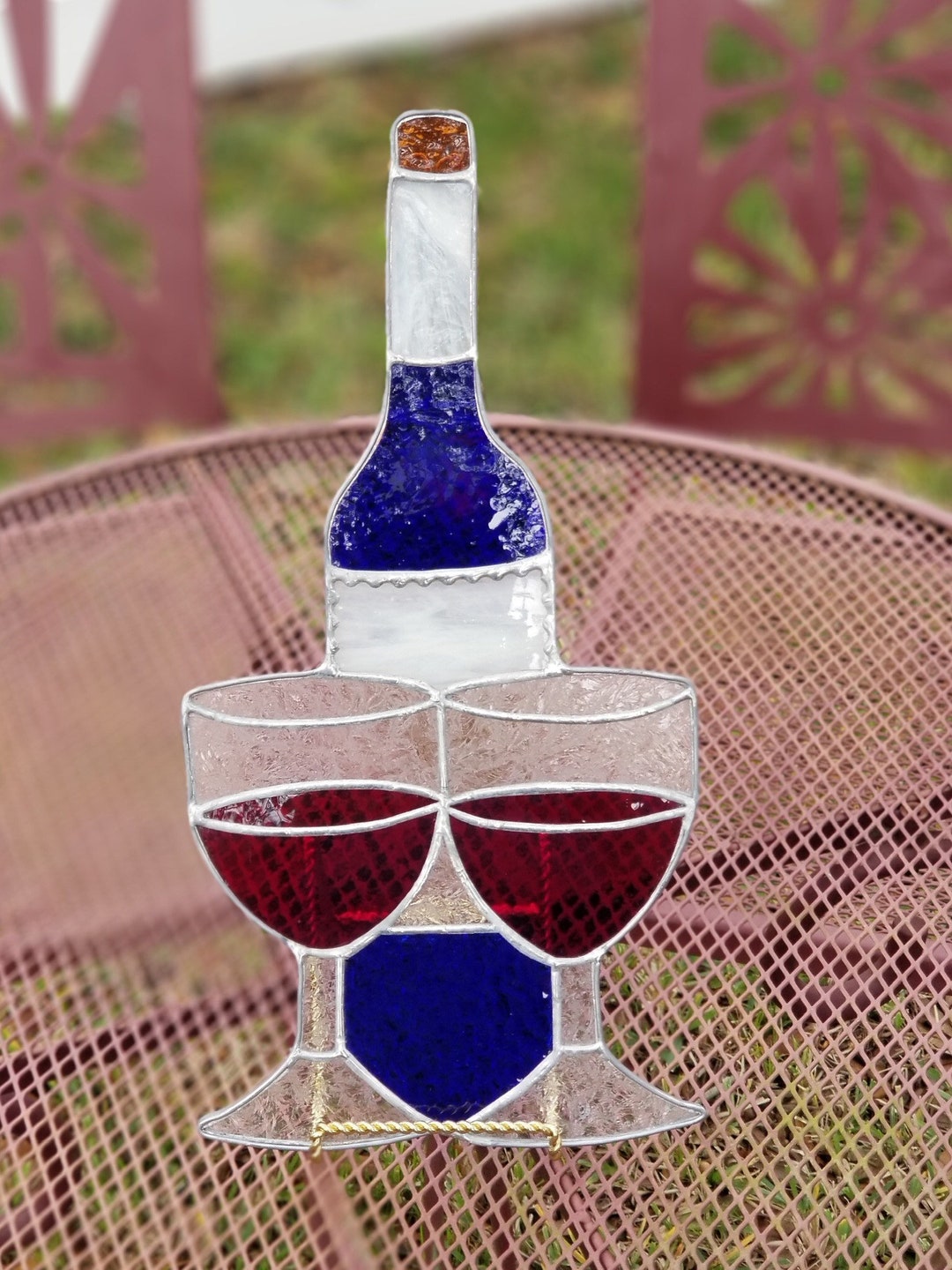 New Stained Glass Red Wine Blue Bottle Suncatcher Unique Wine Etsy