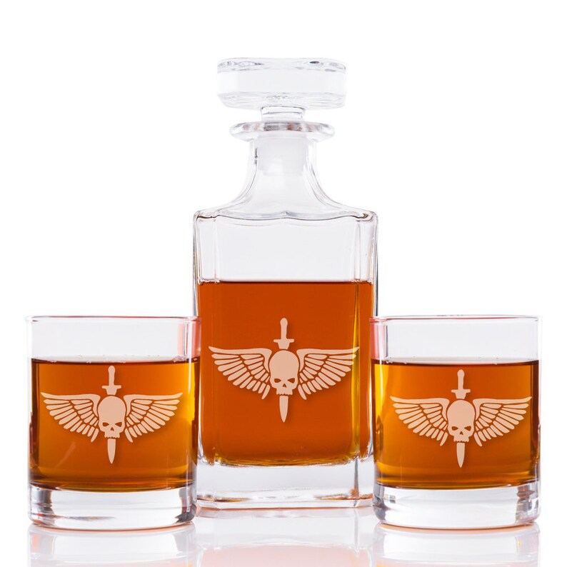 Birthday Gift Holiday Gift Set of 3 DC2PCRCK10OZ-ED11277I Angel of Death Skull with Sword Engraved Decanter and Engraved Rocks Glasses