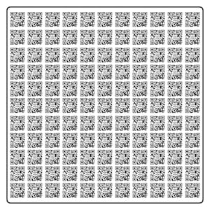 May include: A sheet of paper with a grid of 10 rows and 10 columns. Each square contains a black and white QR code.