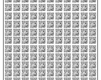 May include: A sheet of paper with a grid of 10 rows and 10 columns. Each square contains a black and white QR code.