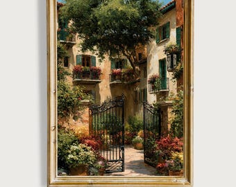 Estampe représentant une cour italienne, peinture de villa méditerranéenne, jardin toscan vintage, cour fleurie de village européen, décoration rustique d'antan