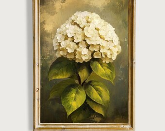 Impression d'art mural hortensia blanc décoration florale vintage, peinture Cottagecore, oeuvre d'art antique imprimable botanique, téléchargement numérique