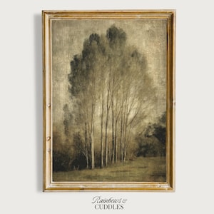 Peut inclure: Une impression d'art mural encadr&eacute;e repr&eacute;sentant un paysage aux tons s&eacute;pia avec un groupe d'arbres hauts et fins dans un champ. L'&oelig;uvre pr&eacute;sente un aspect vieilli et textur&eacute; avec des tons bruns et gris. Le texte "Rainbows & Cuddles" est imprim&eacute; en dessous.