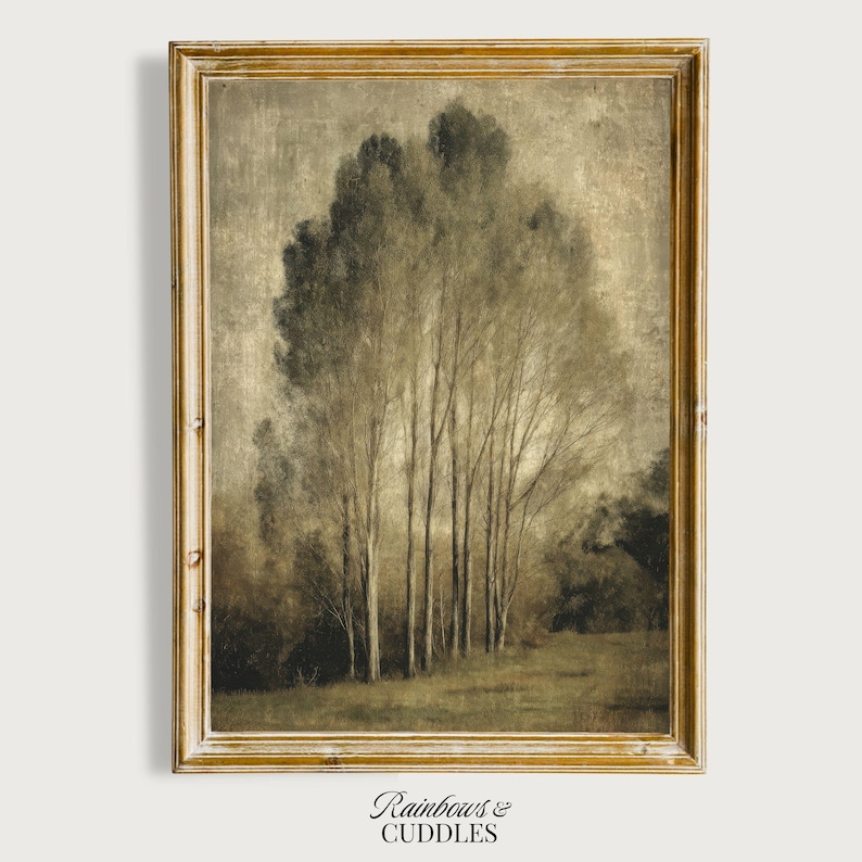 Peut inclure: Une impression d'art mural encadr&eacute;e repr&eacute;sentant un paysage aux tons s&eacute;pia avec un groupe d'arbres hauts et fins dans un champ. L'&oelig;uvre pr&eacute;sente un aspect vieilli et textur&eacute; avec des tons bruns et gris. Le texte "Rainbows & Cuddles" est imprim&eacute; en dessous.