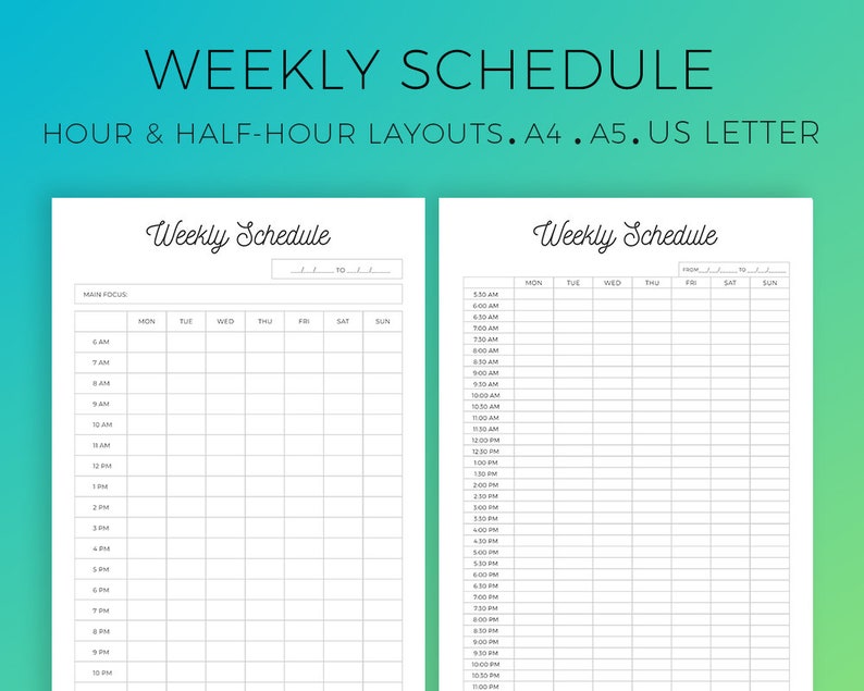 Weekly Schedule Printable Hourly Layout Half-hour Layout | Etsy