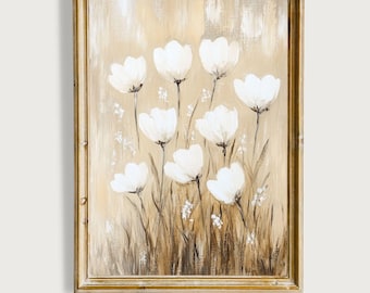Impression d'art mural botanique neutre, décoration fleurs sauvages blanches, oeuvre d'art floral minimale, affiche imprimable beige, téléchargement numérique