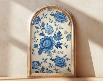 Impression d'art mural chinoiseries bleues vintage motif floral décor grand millénaire imprimable décor botanique bleu fleur ligne téléchargement numérique