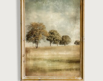 impression d'art mural paysage champêtre vintage, décoration de ferme rustique, peinture prairie Moody, art imprimable nature neutre, téléchargement numérique
