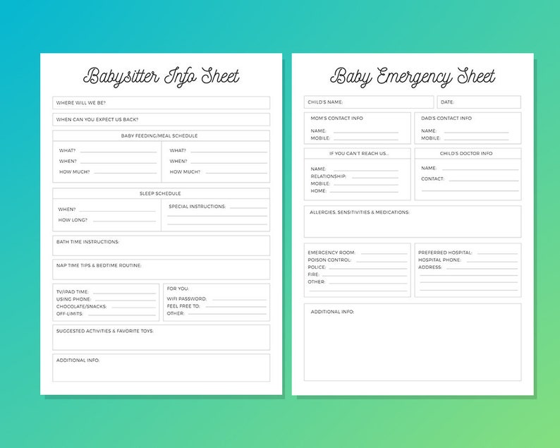 Baby Sitter Printable Emergency Sheet Babysitter - Etsy