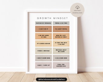 Growth Mindset Poster Boho, School Psychologist Office, Growth Mindset vs Fixed Mindset, Say this instead of this, CBT DBT Poster Printable