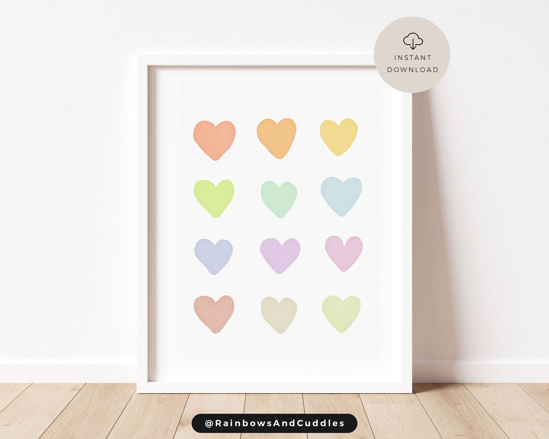 Printable Toddler Girl Wall Art Cute Pastel Watercolor Rainbow Hearts