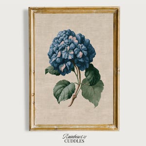 Blue Hydrangea Botanical Print Embroidery Wall Art - Cottagecore blue Flower Vintage Antique Cross Stitch Needlepoint - Digital download