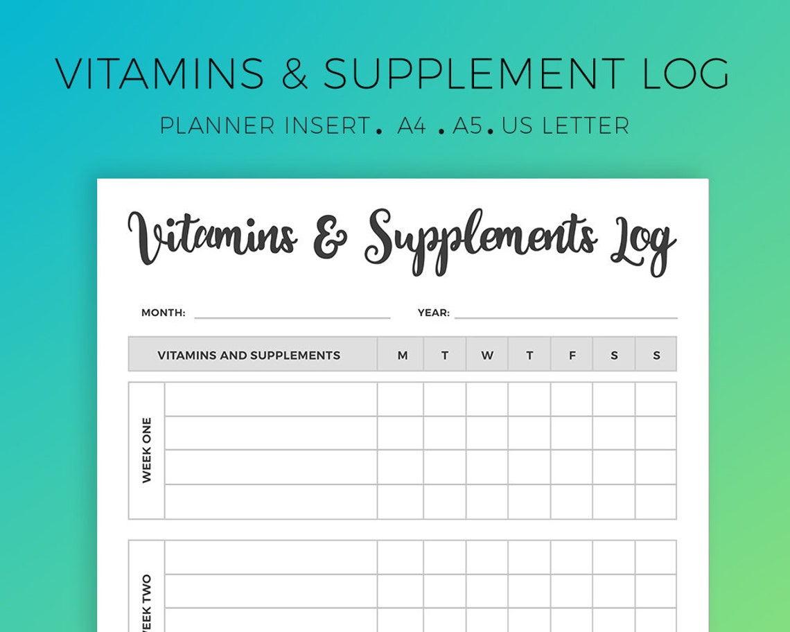 Health Planner Vitamins &amp; Supplement Log Supplement Tracker - Etsy