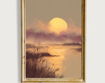 Impression d'art mural coucher de soleil doré, peinture vintage paysage tranquille, décor nature neutre, marais côtier, oeuvre d'art antique (téléchargement numérique)