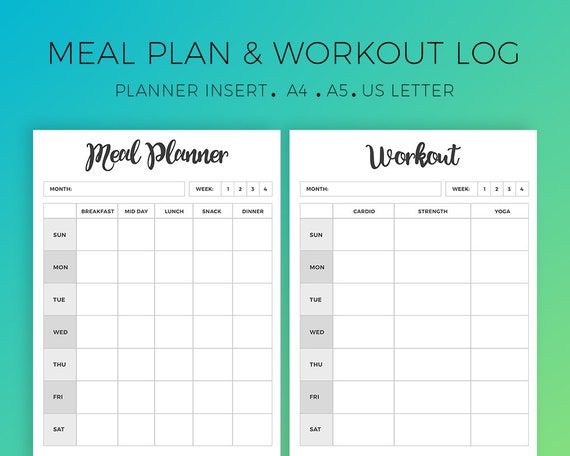 Meal Planner Workout Planner Weekly Meal Plan Weekly Workout Plan Food Journal Fitness Printable Workout Tracker Exercise Nutrition