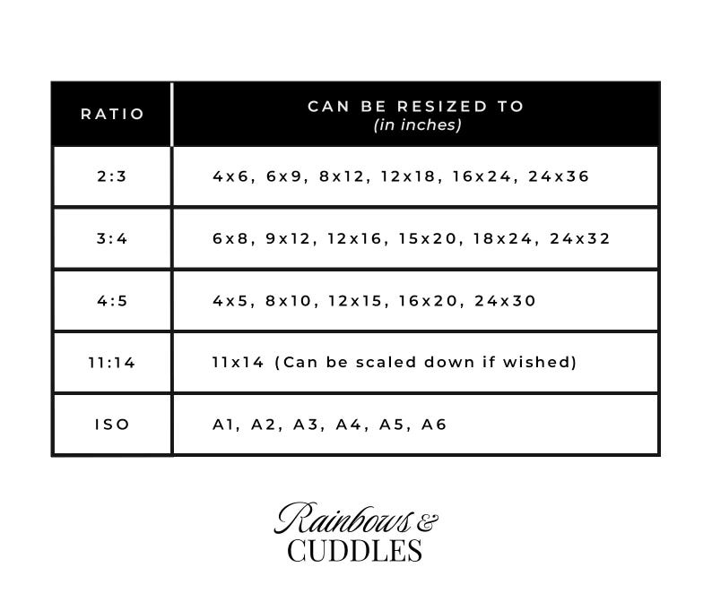 Peut inclure: Un tableau noir et blanc intitul&eacute; CAN BE RESIZED TO (in inches) listant les ratios 2:3, 3:4, 4:5, 11:14 et ISO avec les dimensions correspondantes en pouces et formats de papier. Le texte Rainbows & CUDDLES figure en bas du tableau.