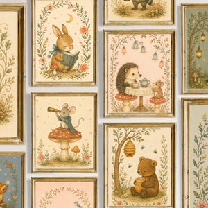 Pode incluir: Uma coleção de quadros decorativos com animais da floresta, incluindo um coelho a ler um livro, um ouriço e um rato a tomar chá, um rato com um telescópio num cogumelo, um urso com uma colmeia e uma raposa sob lanternas suspensas.
