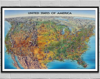 地図・旅行ガイド Unique Media Maps USA USA Media Map / Old Poster Map of America / Vintage Print / Wall