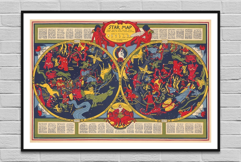 Pode incluir: Um mapa de estrelas vintage com constela&ccedil;&otilde;es ilustradas em vermelho, amarelo e azul sobre um fundo azul escuro. O mapa &eacute; dividido em dois c&iacute;rculos, com as constela&ccedil;&otilde;es do hemisf&eacute;rio norte &agrave; esquerda e as constela&ccedil;&otilde;es do hemisf&eacute;rio sul &agrave; direita. O mapa &eacute; rodeado por uma borda verde com texto que descreve as constela&ccedil;&otilde;es.
