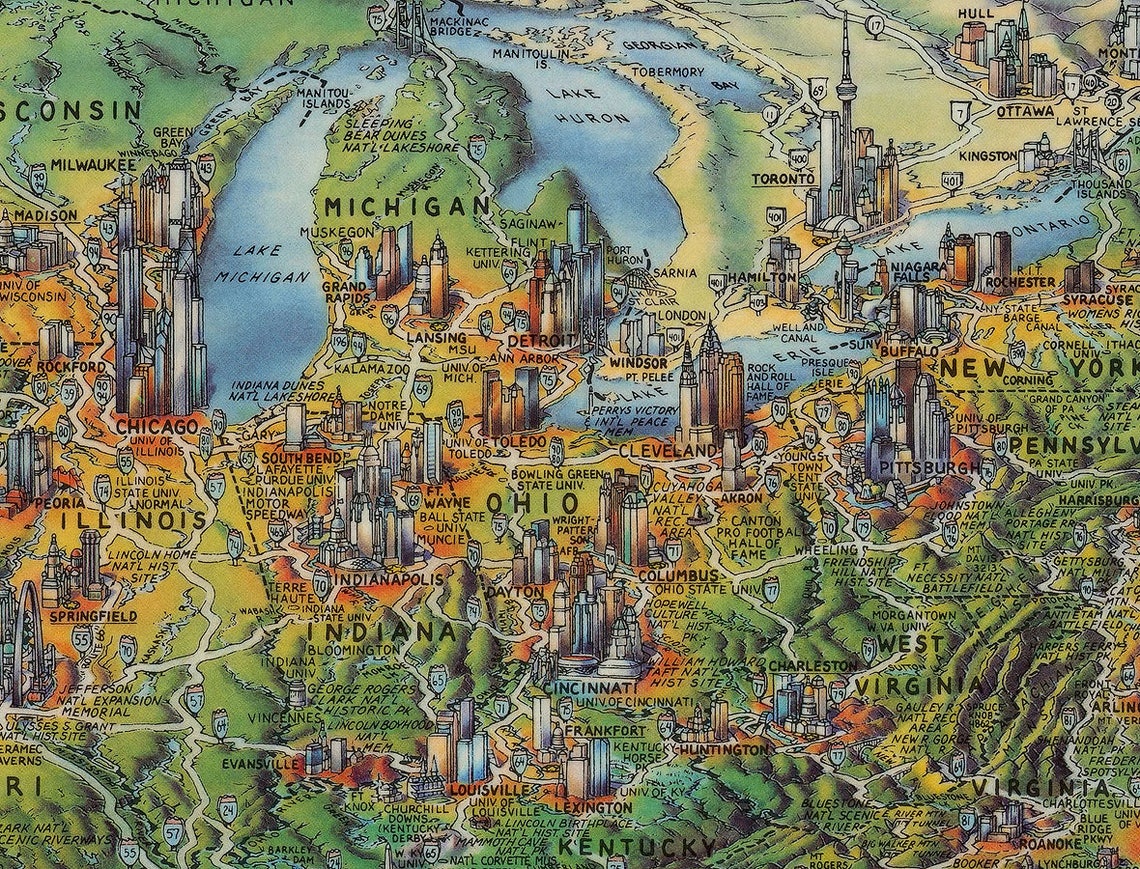 USA Media Map / Old Poster Map of America / Vintage Print / Wall Art