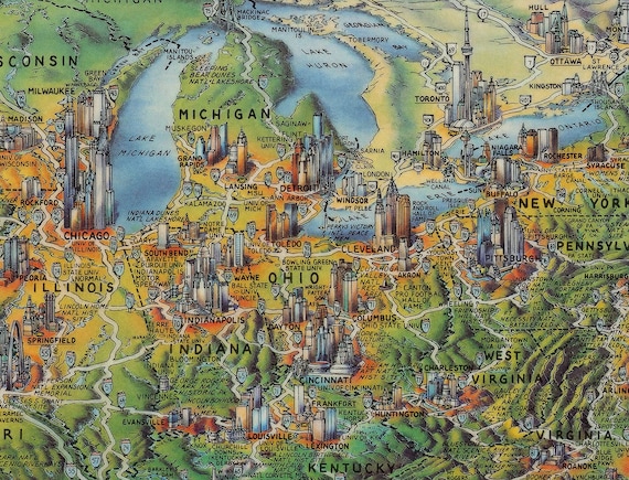 USA Media Map / Old Poster Map of America / Vintage Print / Wall